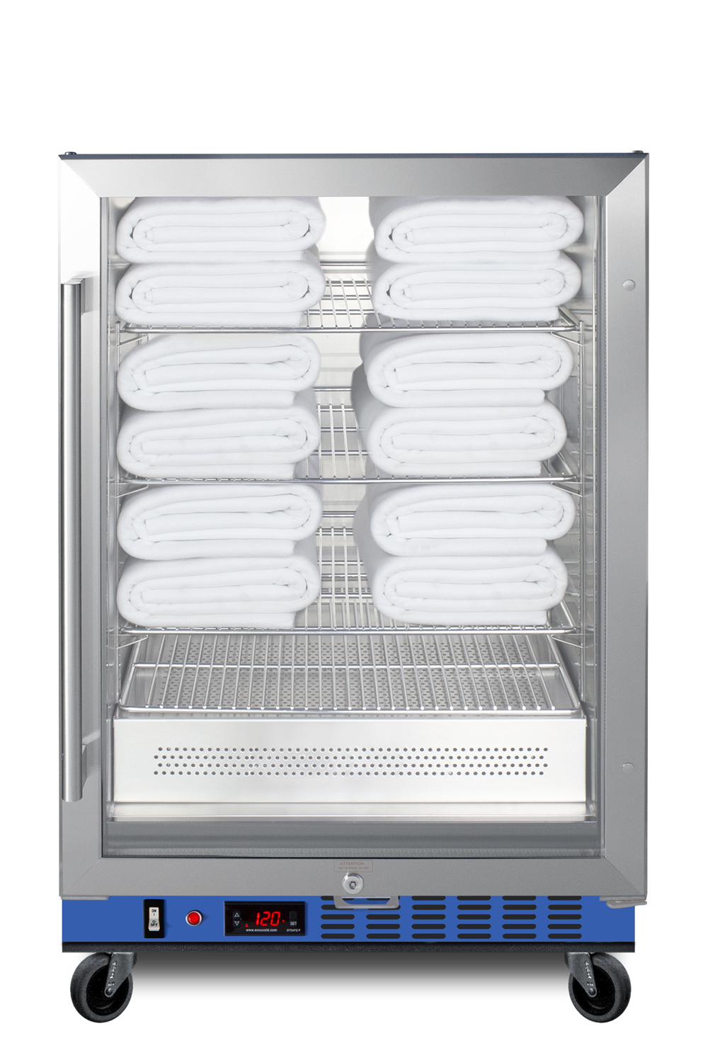 Undercounter single chamber passive heating blanket warmer with glass door, stainless steel interior and exterior, digital thermostat, and lock